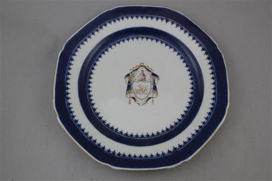 Two Chinese export armorial octagonal plates, 18th century, 23.5cm.